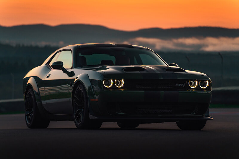 Black Dodge Challenger — Dramatic, Sunset, Photograph, Car, Mountains