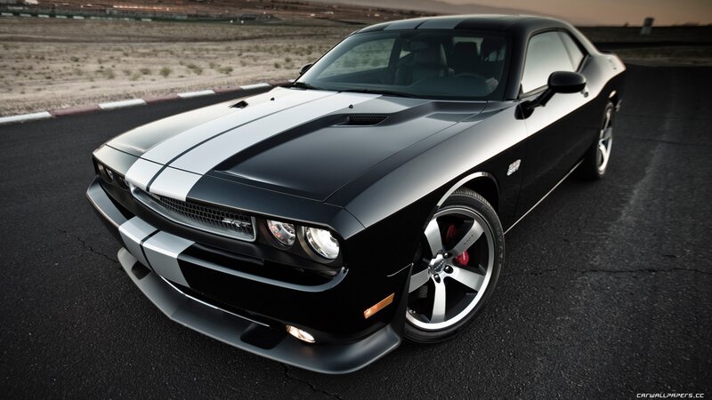 Black Dodge Challenger — Dramatic, Sunset, Photograph, Race Track, Striped Hood, Red Brake Calipers