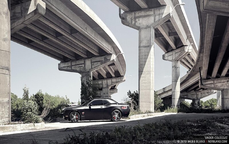 Black Dodge Challenger — Gray, Dramatic, Afternoon, Photograph, Highway Overpass