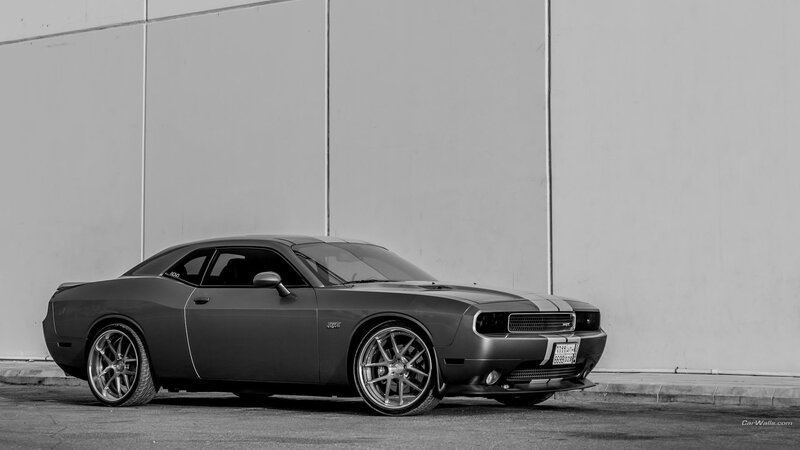 Black Dodge Challenger — Gray, Dramatic, Photograph, Car, Wall