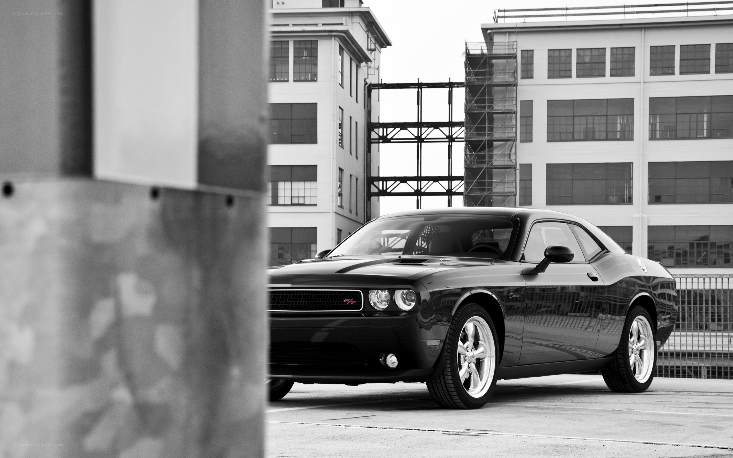 Black Dodge Challenger in urban setting