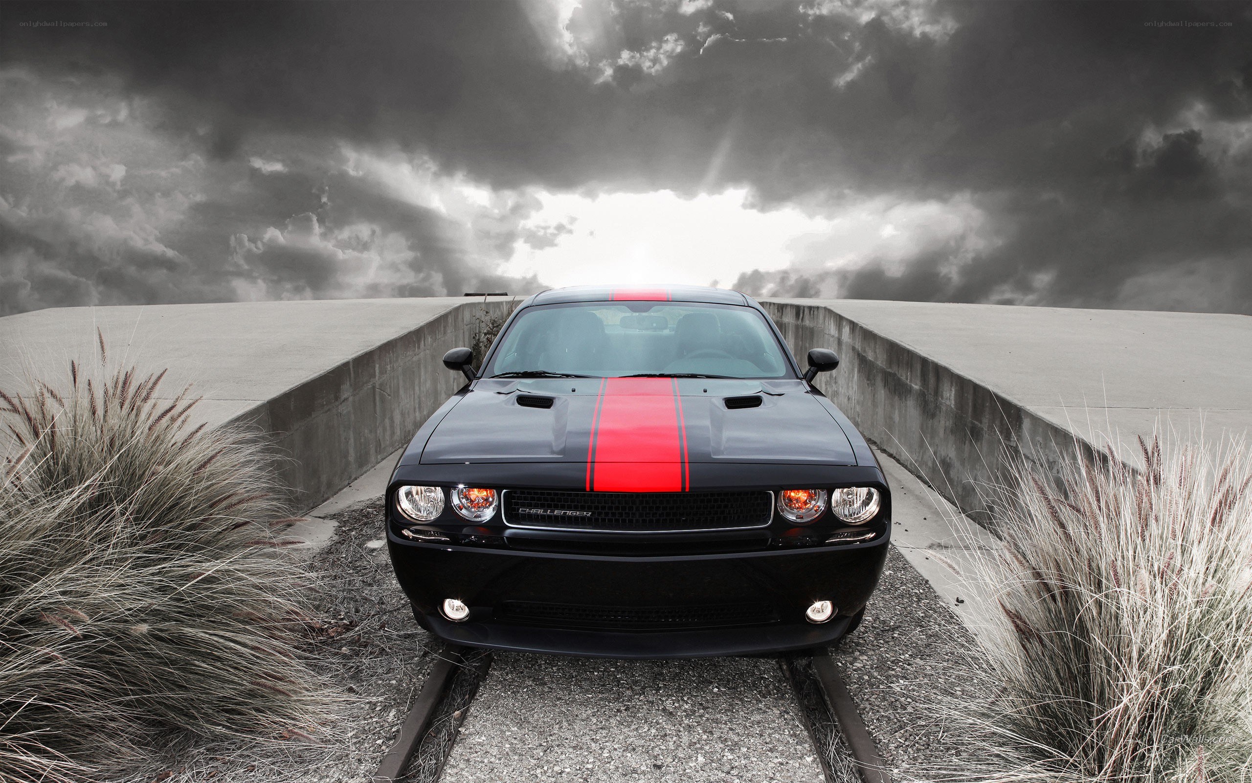 Black Dodge Challenger on a bridge