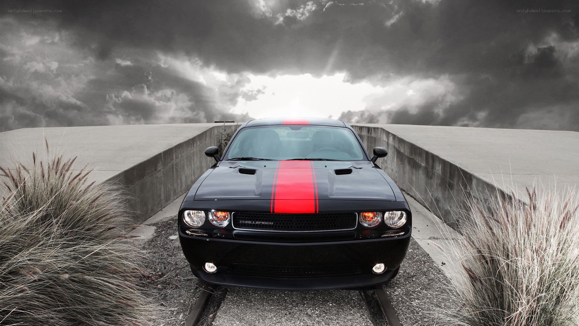 Black Dodge Challenger on a bridge