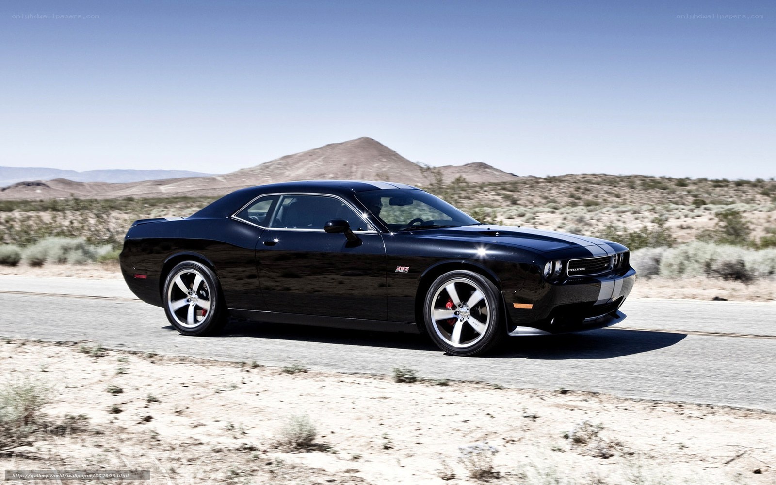 Black Dodge Challenger on desert road