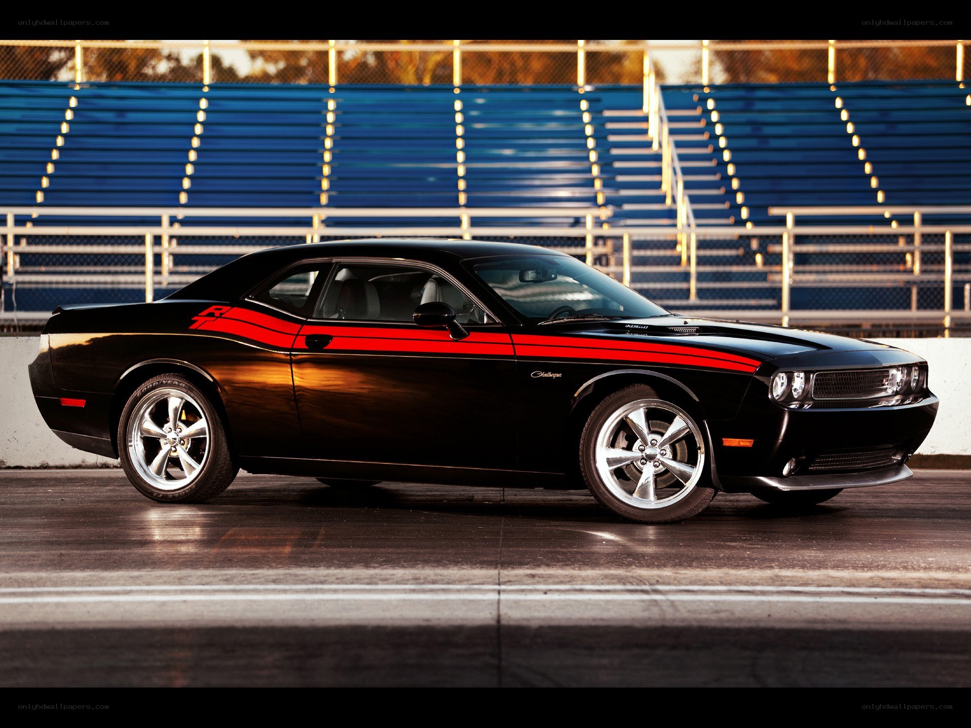 Black Dodge Challenger on racetrack