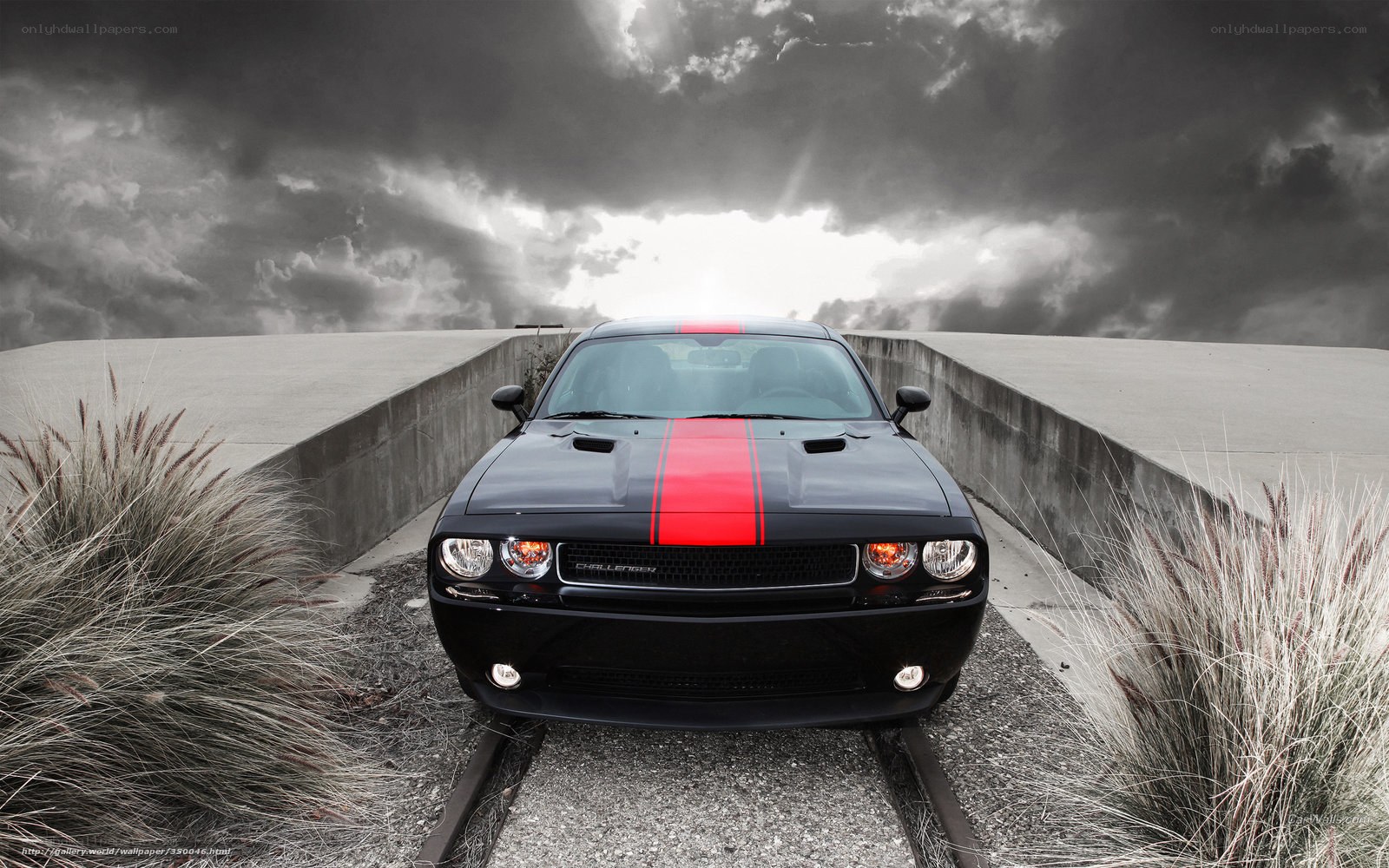 Black Dodge Challenger on railway