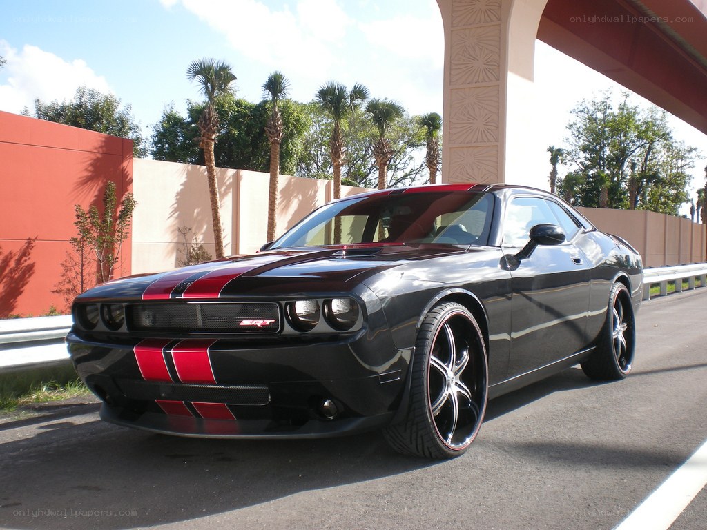 Black Dodge Challenger SRT with red stripes
