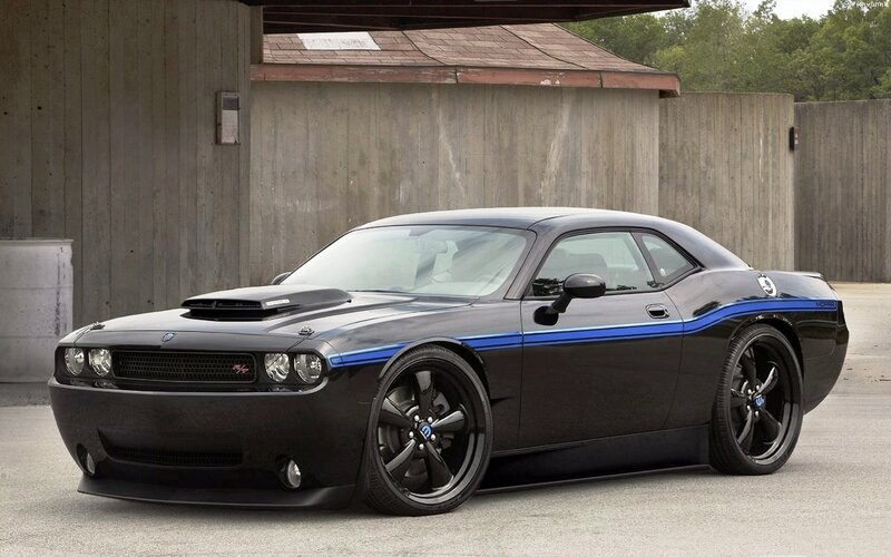 black dodge challenger with blue stripes