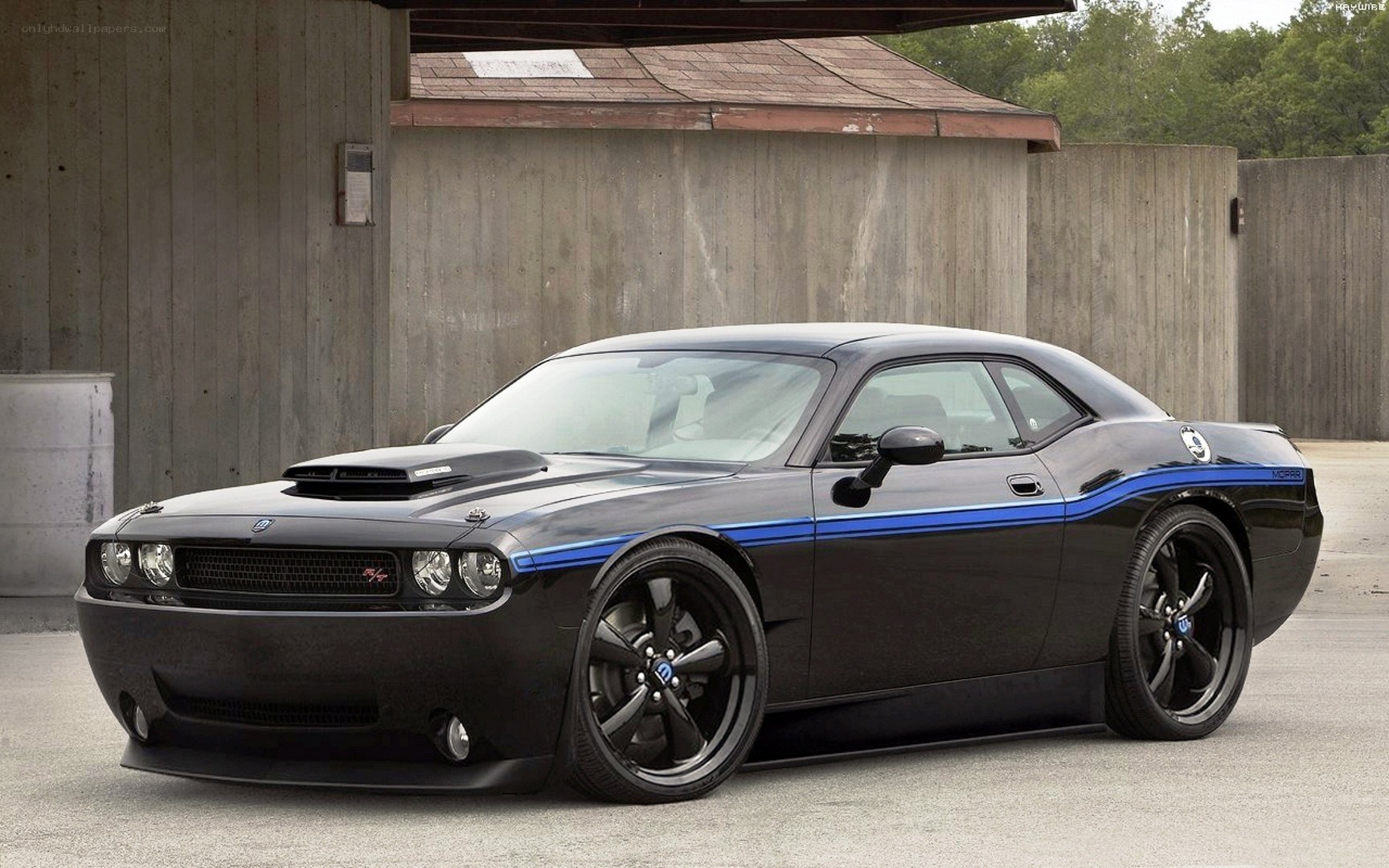 black dodge challenger with blue stripes