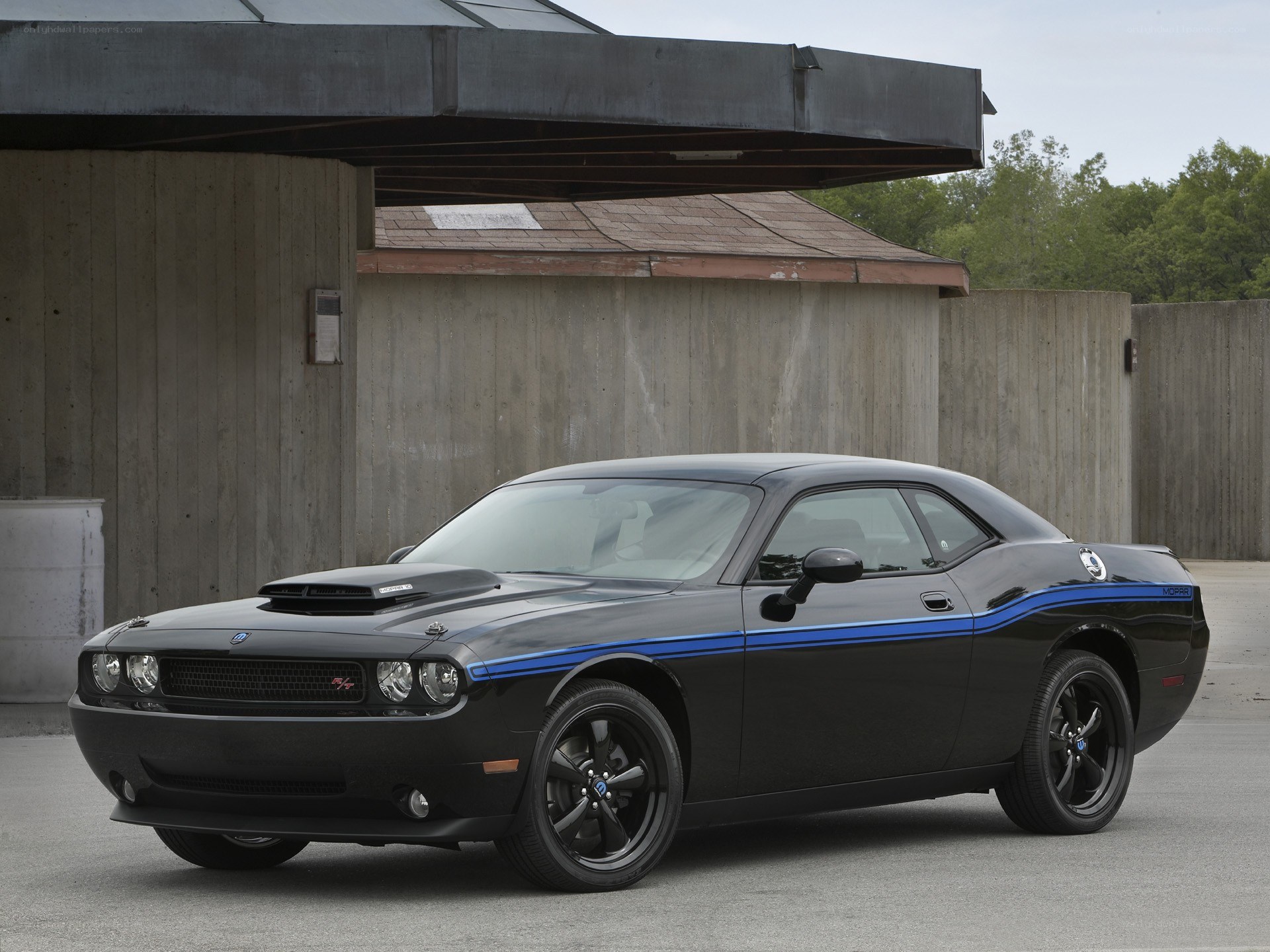Black Dodge Challenger with blue stripes