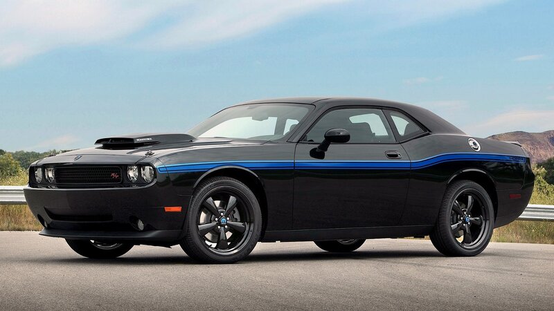 Black Dodge Challenger with blue stripes