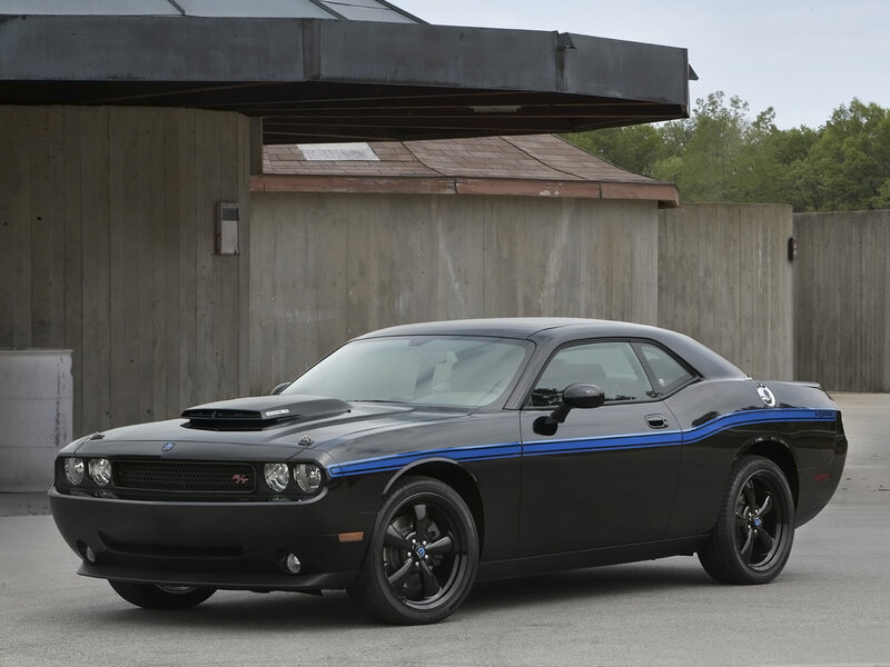 Black Dodge Challenger with blue stripes