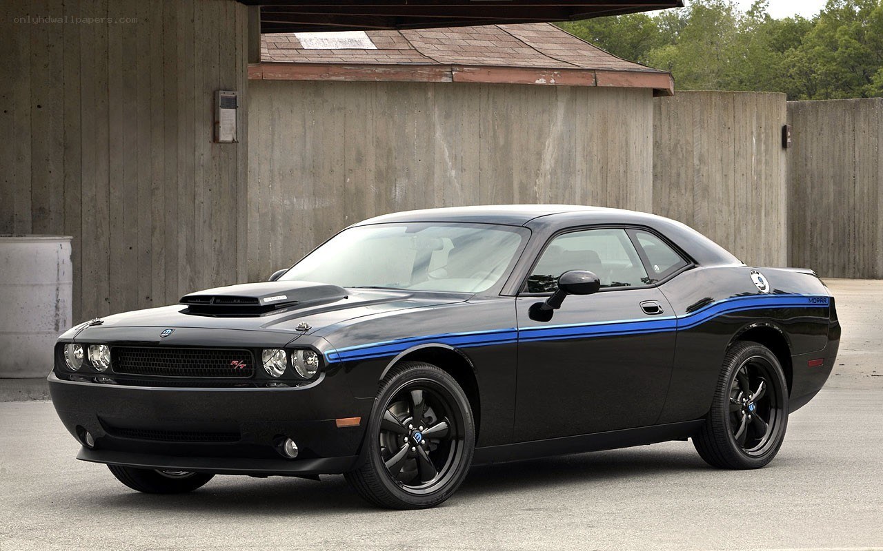Black Dodge Challenger with blue stripes