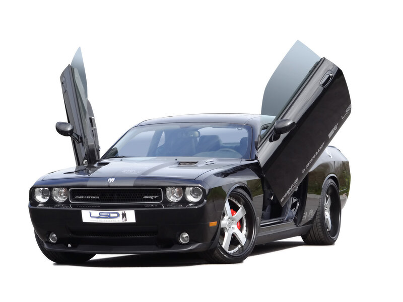 Black Dodge Challenger with gullwing doors