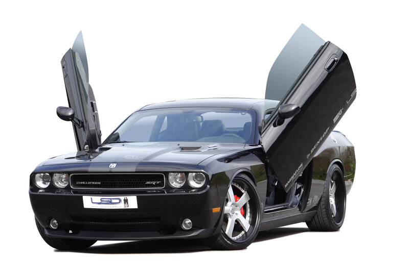 Black Dodge Challenger with gullwing doors