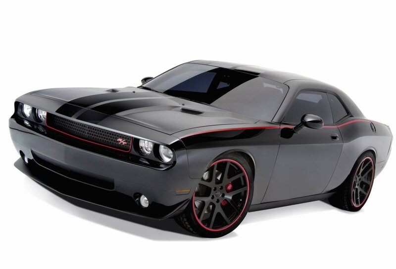 Black Dodge Challenger with red accents