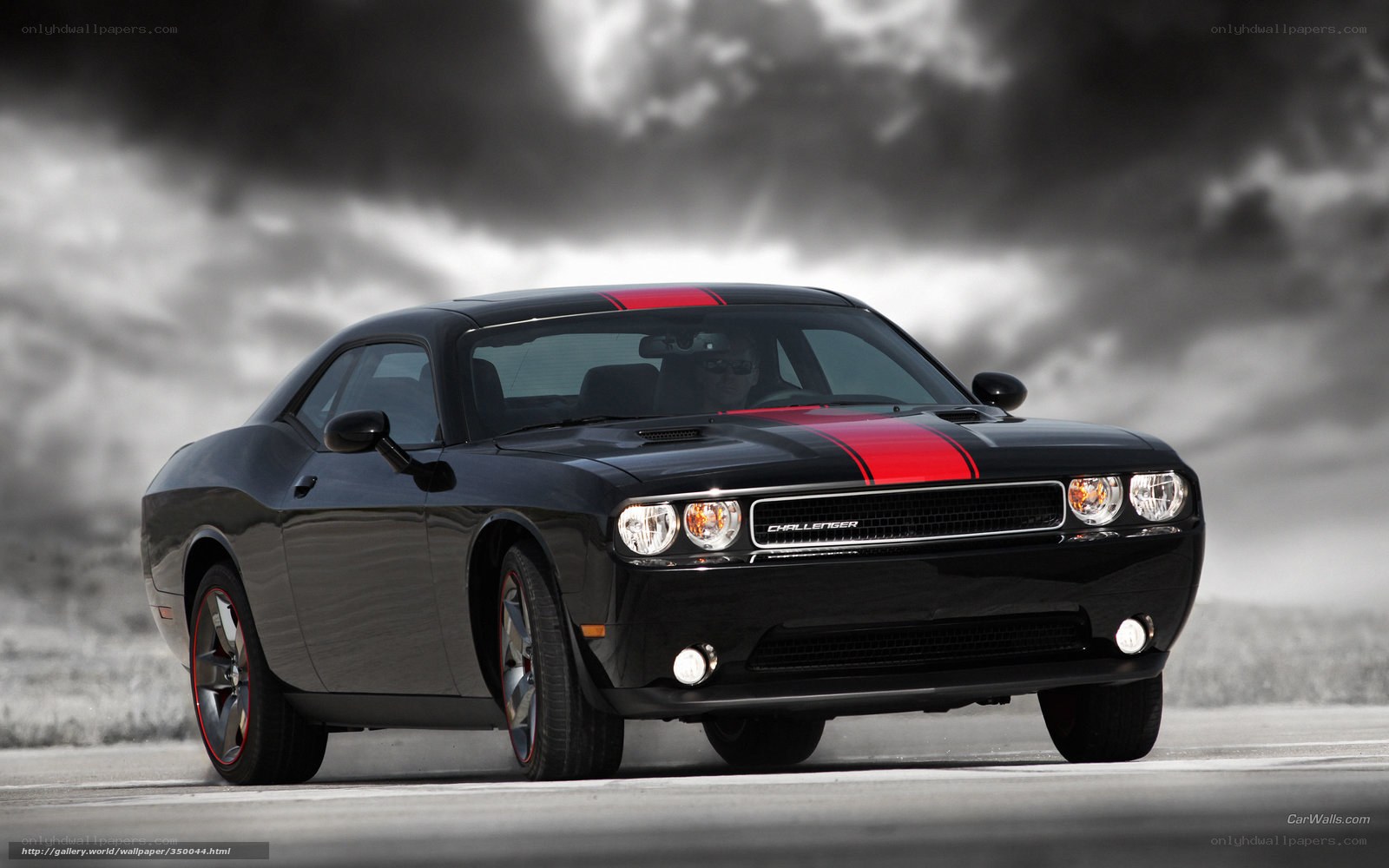 Black Dodge Challenger with red stripes