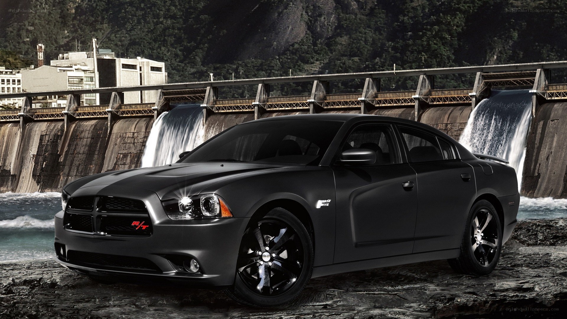 black dodge charger at dam