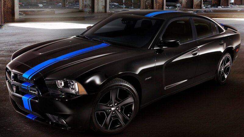 Black Dodge Charger — Dramatic, Photograph, Blue Stripes, Black Wheels
