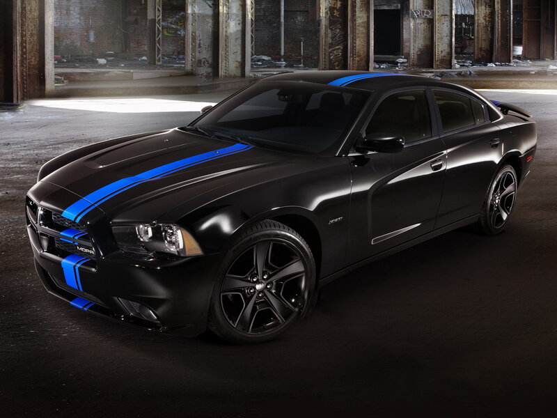 Black Dodge Charger — Dramatic, Photograph, Blue Stripes