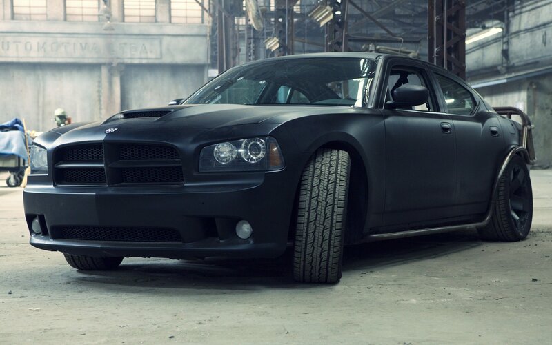 Black Dodge Charger — Dramatic, Photograph, Car, Factory, Tire, Gray