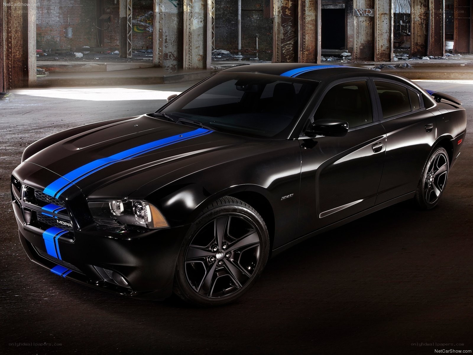 Black Dodge Charger with blue stripes