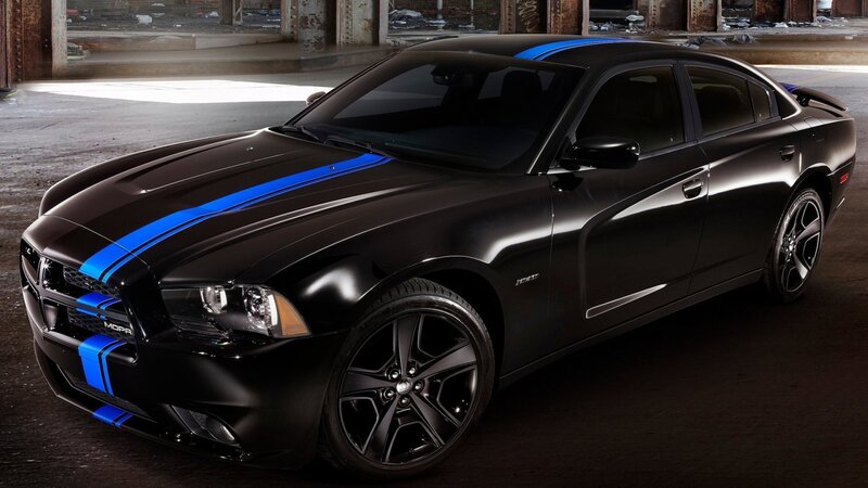 black dodge charger with blue stripes