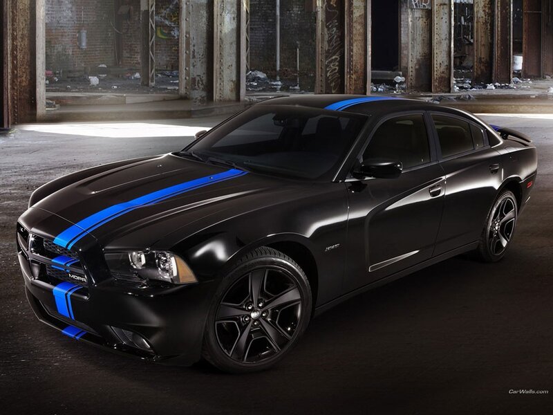 black dodge charger with blue stripes