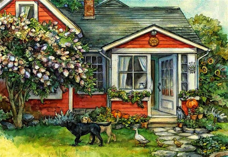 Black Dog in Garden — Red