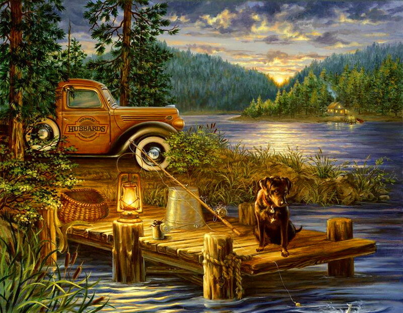 Black Dog on Dock — Brown