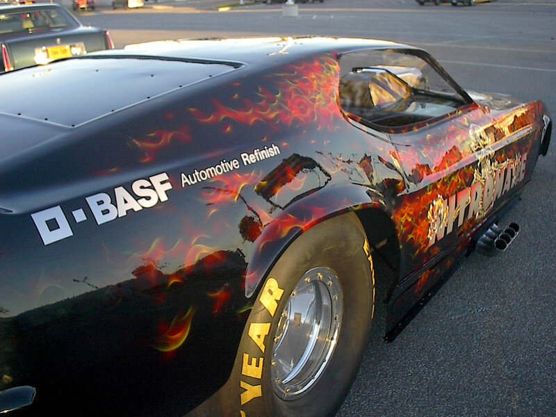 Black Drag Racing Car — Dramatic, Sunset, Photograph, Flame Design