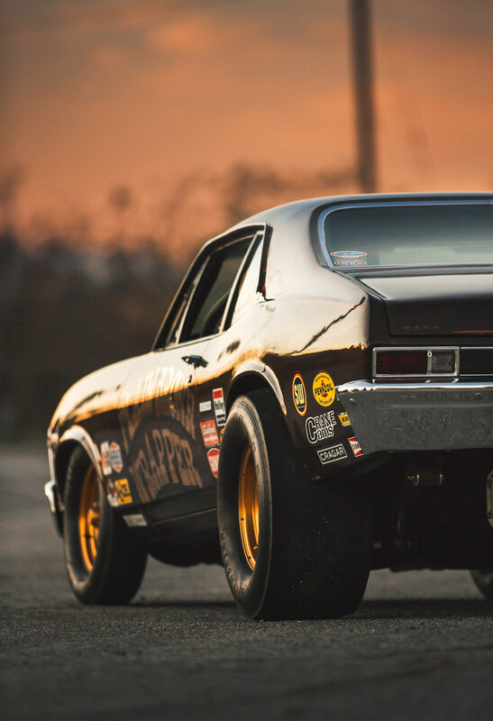 Black Drag Racing Car — Dramatic, Sunset, Photograph