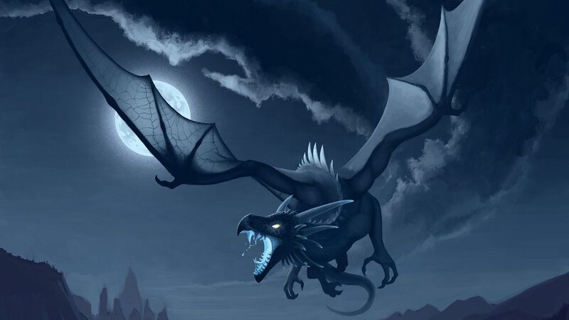 Black Dragon Flying — Blue, Dramatic, Night