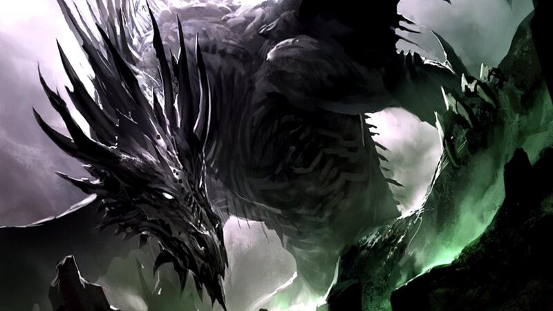 Black Dragon in Cave — Dramatic, Digital Art, Green Light