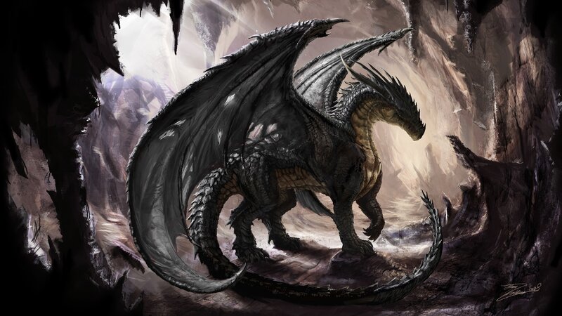 Black Dragon in Cave — Dramatic, Digital Art, Wings