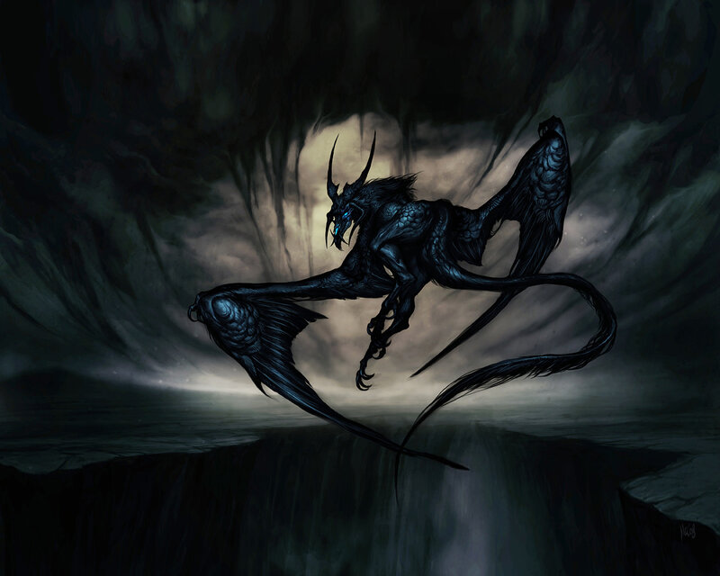 Black Dragon in Cave — Dramatic, Night, Digital Art, Wings