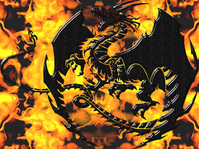 Black dragon in flames