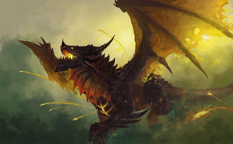 Black Dragon in Flight — Dramatic, Sunset