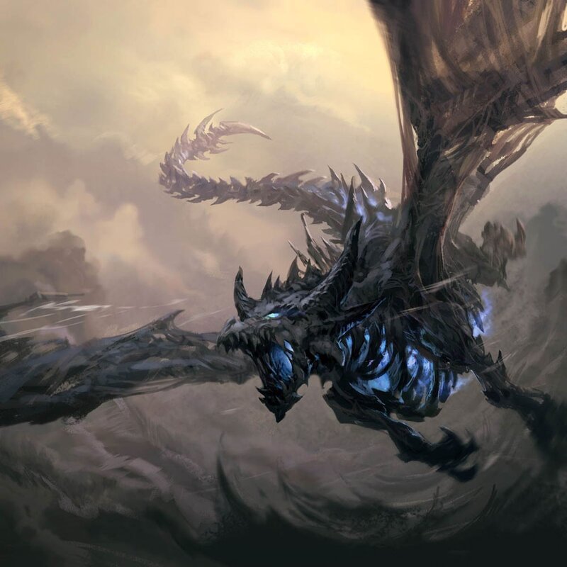 Black Dragon in Flight — Gray, Dramatic, Sunset