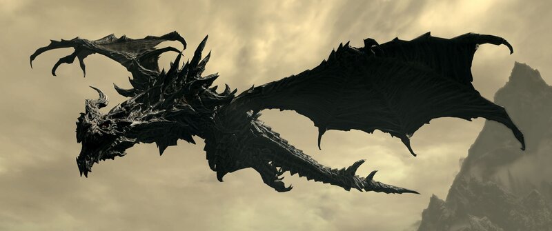Black Dragon in Flight — Gray, Dramatic