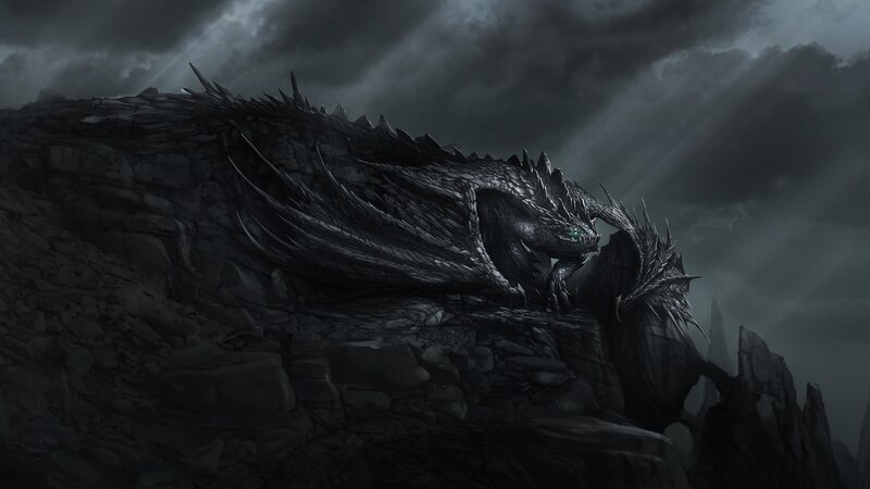 Black Dragon on Cliff — Gray, Dramatic