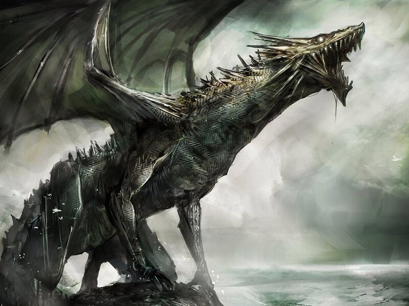 Black Dragon on Cliff — Gray