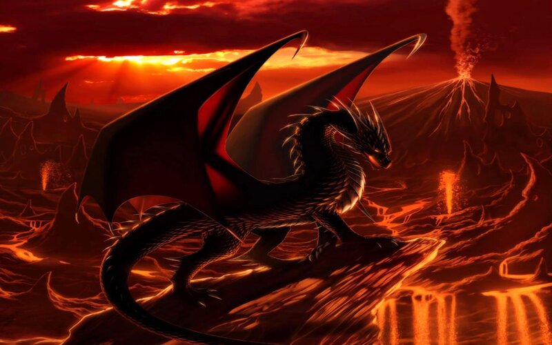 Black Dragon on Lava — Red, Dramatic, Sunset