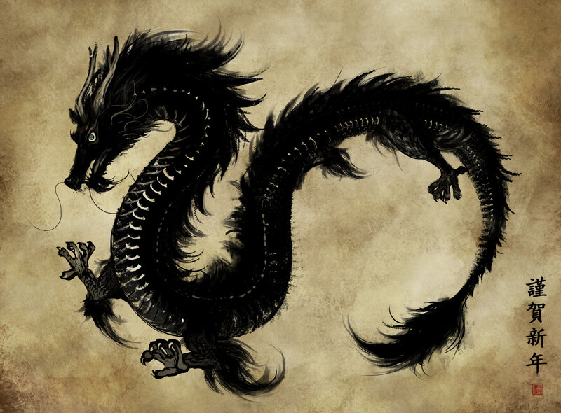 Black Dragon on Parchment — Dramatic, Illustration