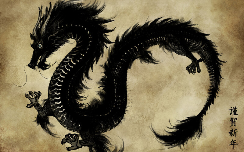 Black Dragon on Parchment — Dramatic