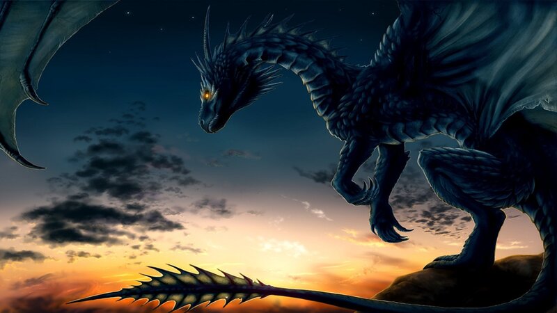 Black Dragon on Rock — Blue, Dramatic