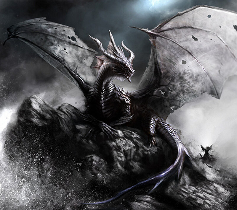 Black Dragon on Rock — Dramatic, Night, Digital Art