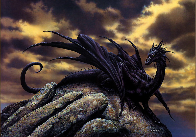 Black Dragon on Rock — Dramatic, Sunset, Digital Art, Clouds