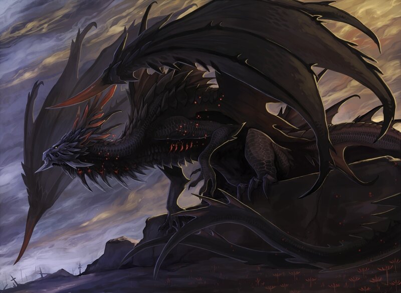 Black Dragon on Rock — Dramatic, Sunset, Digital Art
