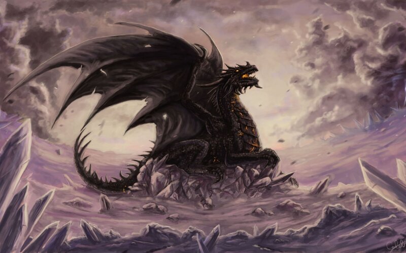 Black Dragon on Rocks — Purple